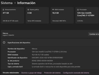 Portátil Lenovo Legion 5 Intel Core i7 Negro