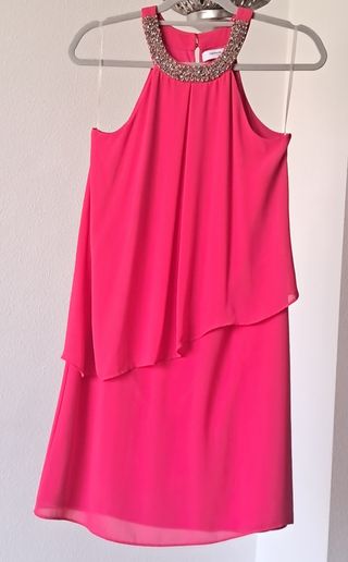 Vestido corto gasa fucsia cuello halter Fórmula 