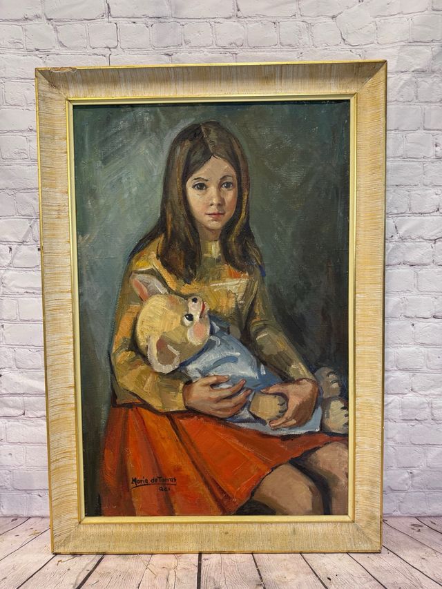 Óleo de niña con oso y marco