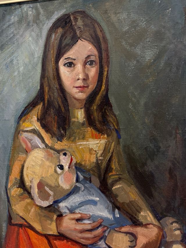 Óleo de niña con oso y marco