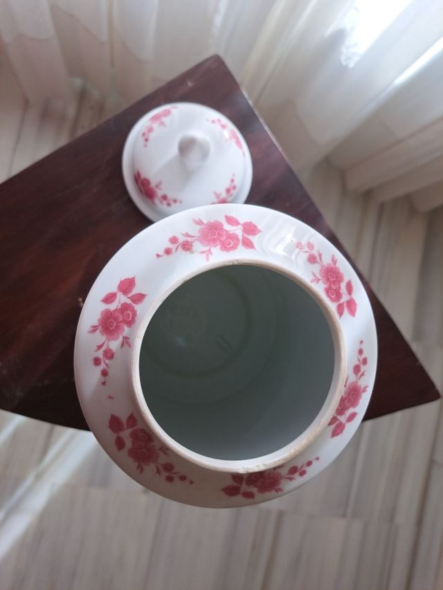 Bote Jarrón Vintage Porcelana Tapa Flores Rosas