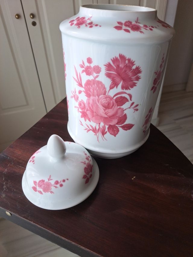Bote Jarrón Vintage Porcelana Tapa Flores Rosas