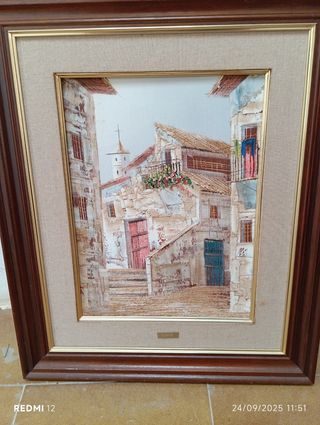 Cuadro paisaje pueblo pintado a mano
