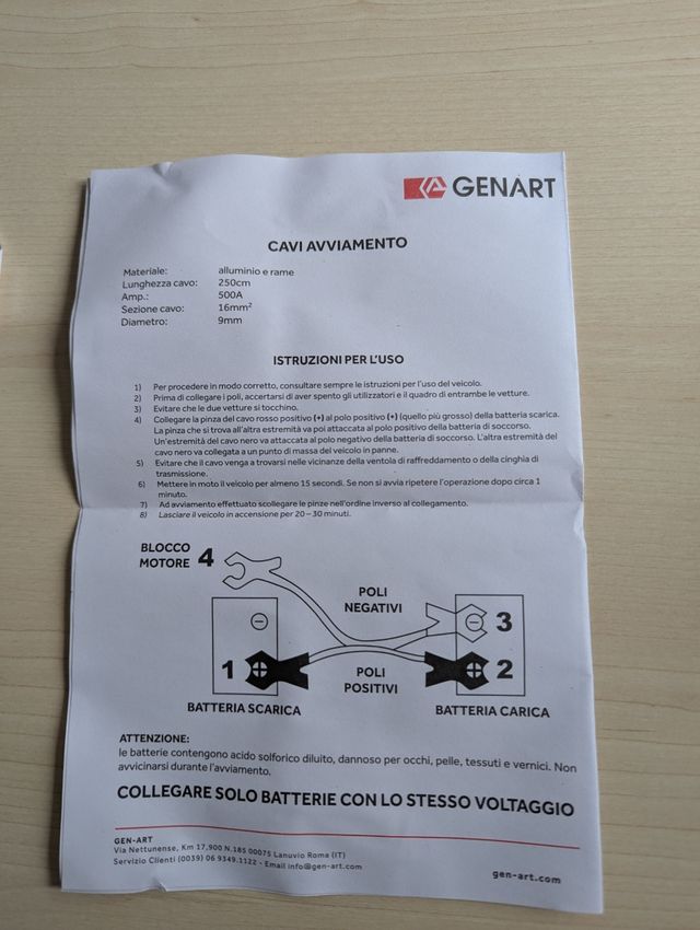 Cavi Avviamento Auto Genart 500A 16mm² 250cm