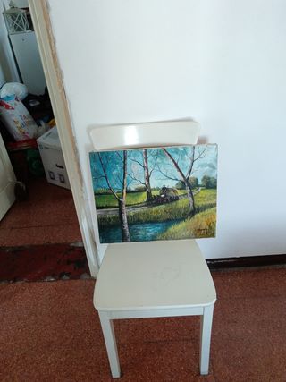 Quadro paesaggio con fiume e carro