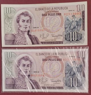 2 Billetes 10 Pesos Oro Colombia 1980