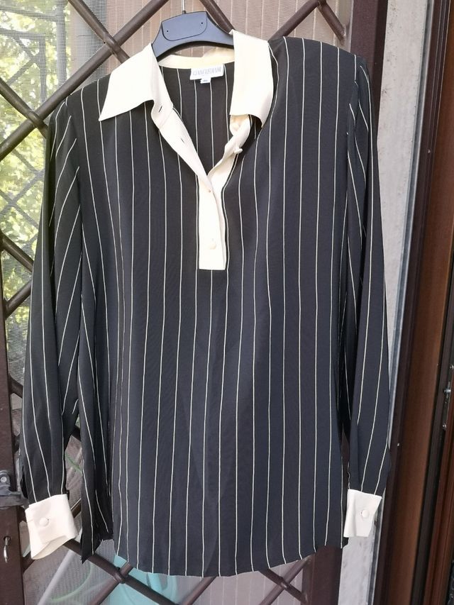 Camicia  seta nera righe avorio