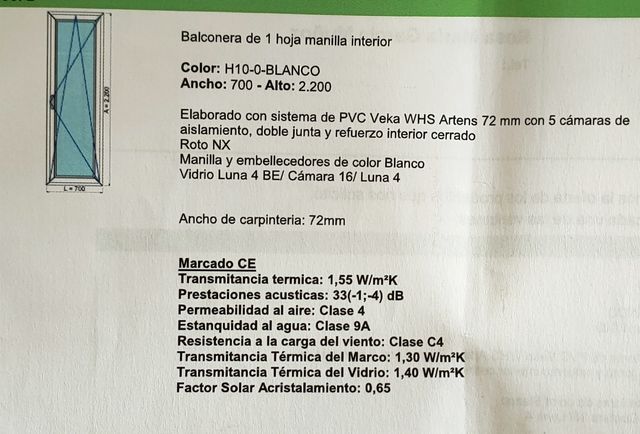 Balconera PVC 70 x 220 cm oscilobatiente.