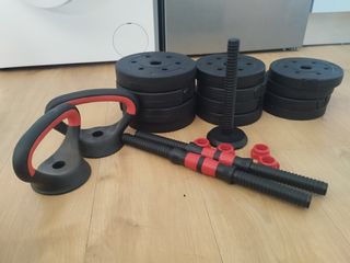 Set Mancuernas 20kg Barra y Kettlebell