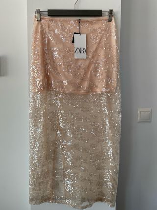 Falda Larga Zara Lentejuelas Rosa y Dorado