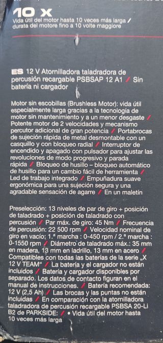 Lote Taladro Percutor 12V Parkside