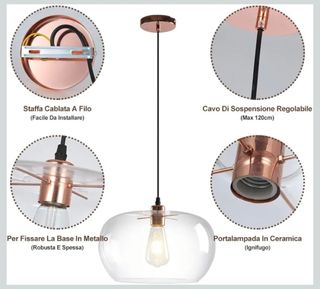 Lampadario da soffitto in vetro trasparente e rame