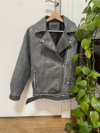Chaqueta Biker Piel Sintética Gris Talla M