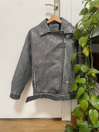 Chaqueta Biker Piel Sintética Gris Talla M
