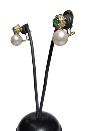 Pendientes Tu y Yo esmeralda, perla y brillantes 