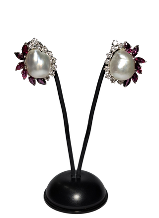 Pendientes Oro Blanco 18K Perla, Rubí y Diamantes