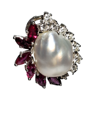 Pendientes Oro Blanco 18K Perla, Rubí y Diamantes