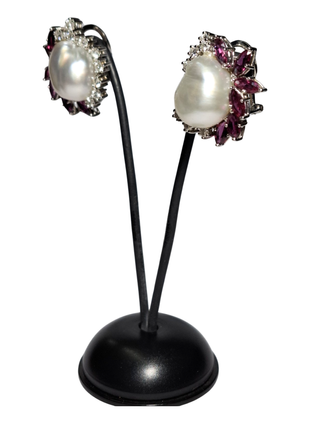 Pendientes Oro Blanco 18K Perla, Rubí y Diamantes