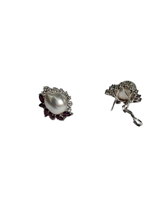 Pendientes Oro Blanco 18K Perla, Rubí y Diamantes