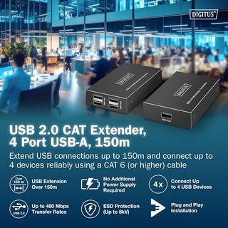 DIGITUS Extensor USB 2.0 150m Red Cat 6 HUB USB-A