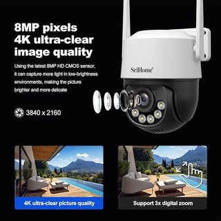 SRIHOME 8MP cámara WiFi 2.4 5GHz exterior PTZ 3X