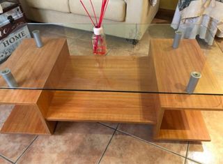 Mesa de centro auxiliar madera y cristal