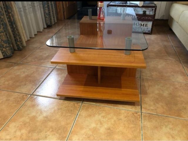 Mesa de centro auxiliar madera y cristal