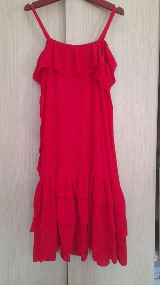 Vestido vintage rosa fresa con tirantes . Volantes