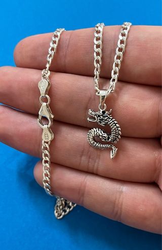 Poderoso Collar Cadena Barbada Y Dragon Plata 925