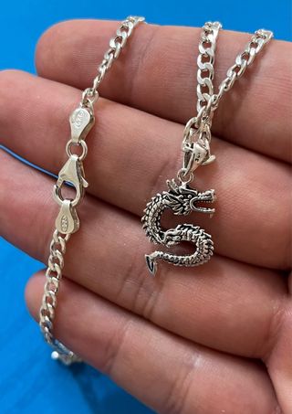 Poderoso Collar Cadena Barbada Y Dragon Plata 925