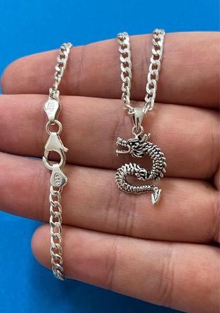 Poderoso Collar Cadena Barbada Y Dragon Plata 925
