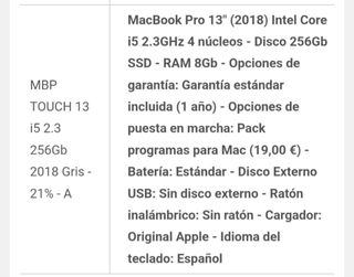 MacBook Pro 13 2018 Gris 256GB 8GB RAM