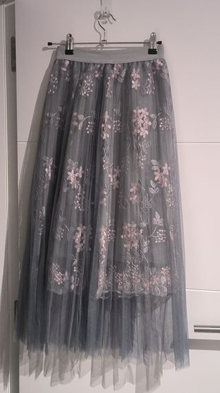 Falda tul flores gris y rosa