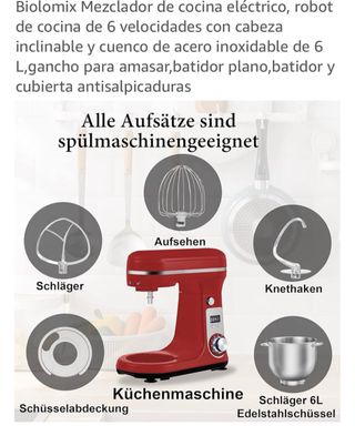 Batidora Amasadora Biolomix 6 Velocidades Roja