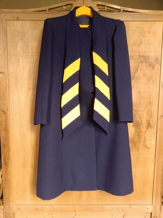 Cappotto lana vintage blu, bow collar righe gialle