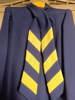 Cappotto lana vintage blu, bow collar righe gialle