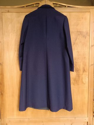 Cappotto lana vintage blu, bow collar righe gialle