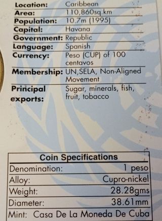 Moneda 1 Peso Cubano 1995 UN Card