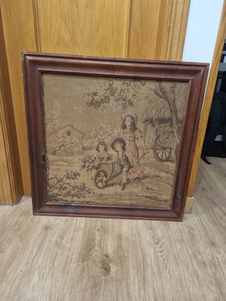 Cuadro antiguo de tela con marco de madera