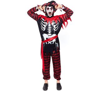 Disfraz Bufón Esqueleto Mono Enterizo Rojo Hombre