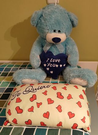 Peluche Oso Azul y Cojín Corazones. Solo envío
