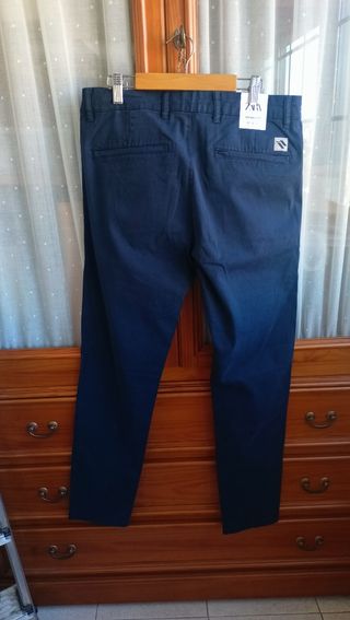 Pantalón Zara Chino Elástico Talla 42 Azul