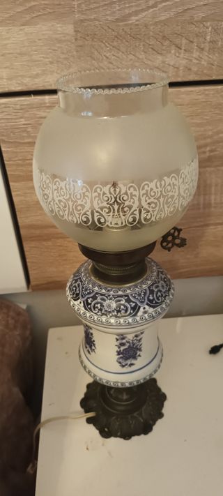 Lámpara cerámica azul y cristal vintage