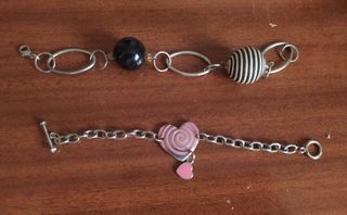 2 Pulseras Plata Corazón y Bolas