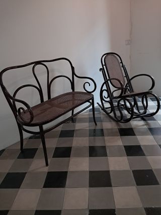 Sofá y 2 mecedoras Thonet madera y ratán