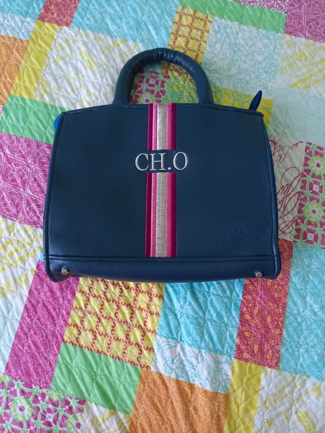 Bolso Tote Azul Marino con Rayas Rosas