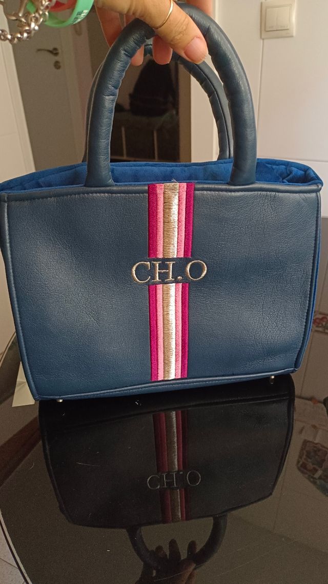 Bolso Tote Azul Marino con Rayas Rosas