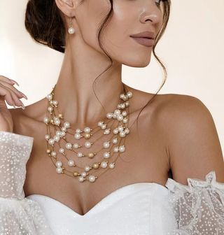 Collar 7 vueltas y pendientes oro blanco