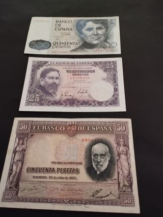 Billetes españoles antiguos: 500, 25 y 50 pesetas