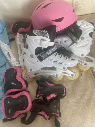 Patines en línea rosas y blancos + casco y protect